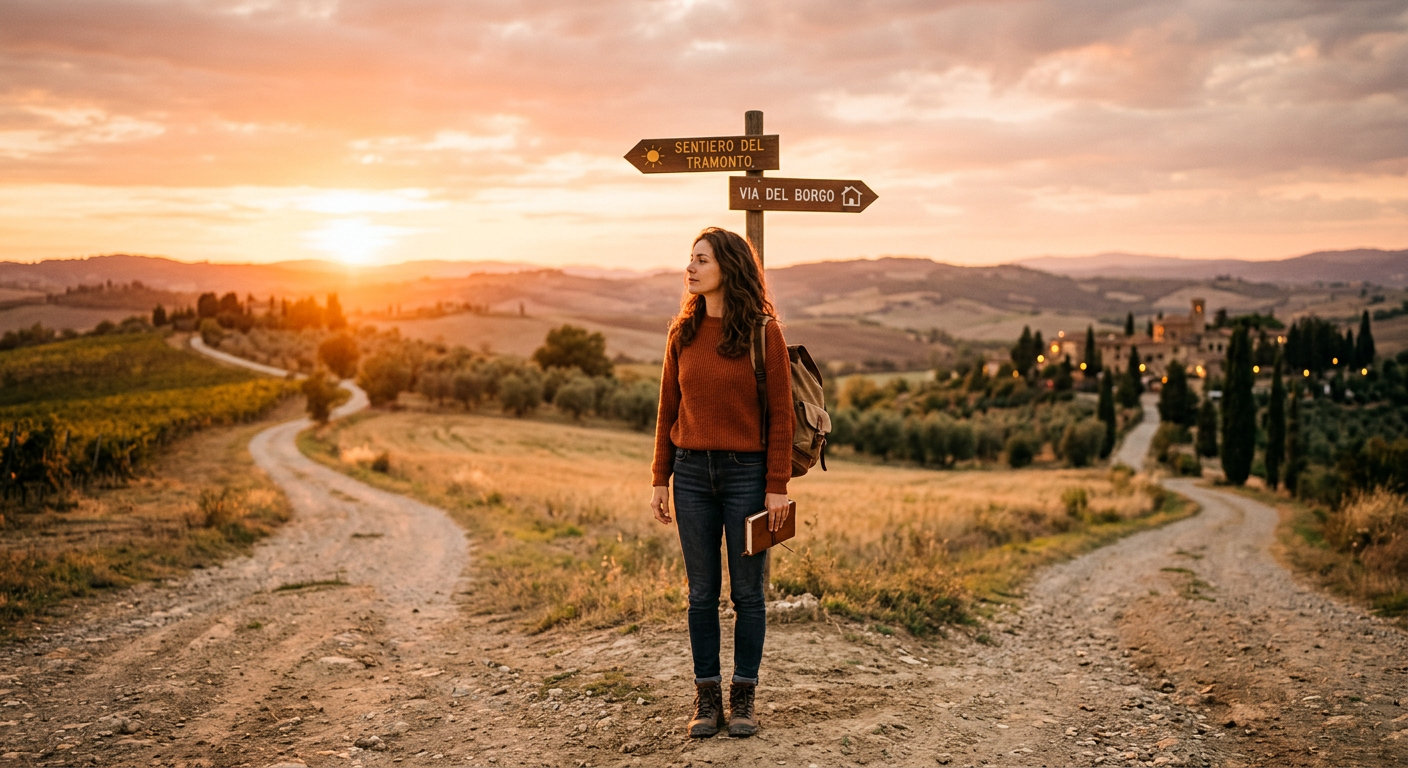 Donna ferma davanti a un bivio, con la luce calda del tramonto che suggerisce attesa e chiarezza emotiva